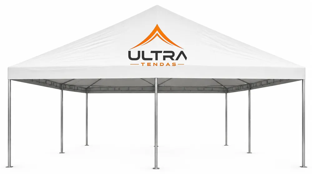 Tenda piramidal branca com a marca Ultra Tendas